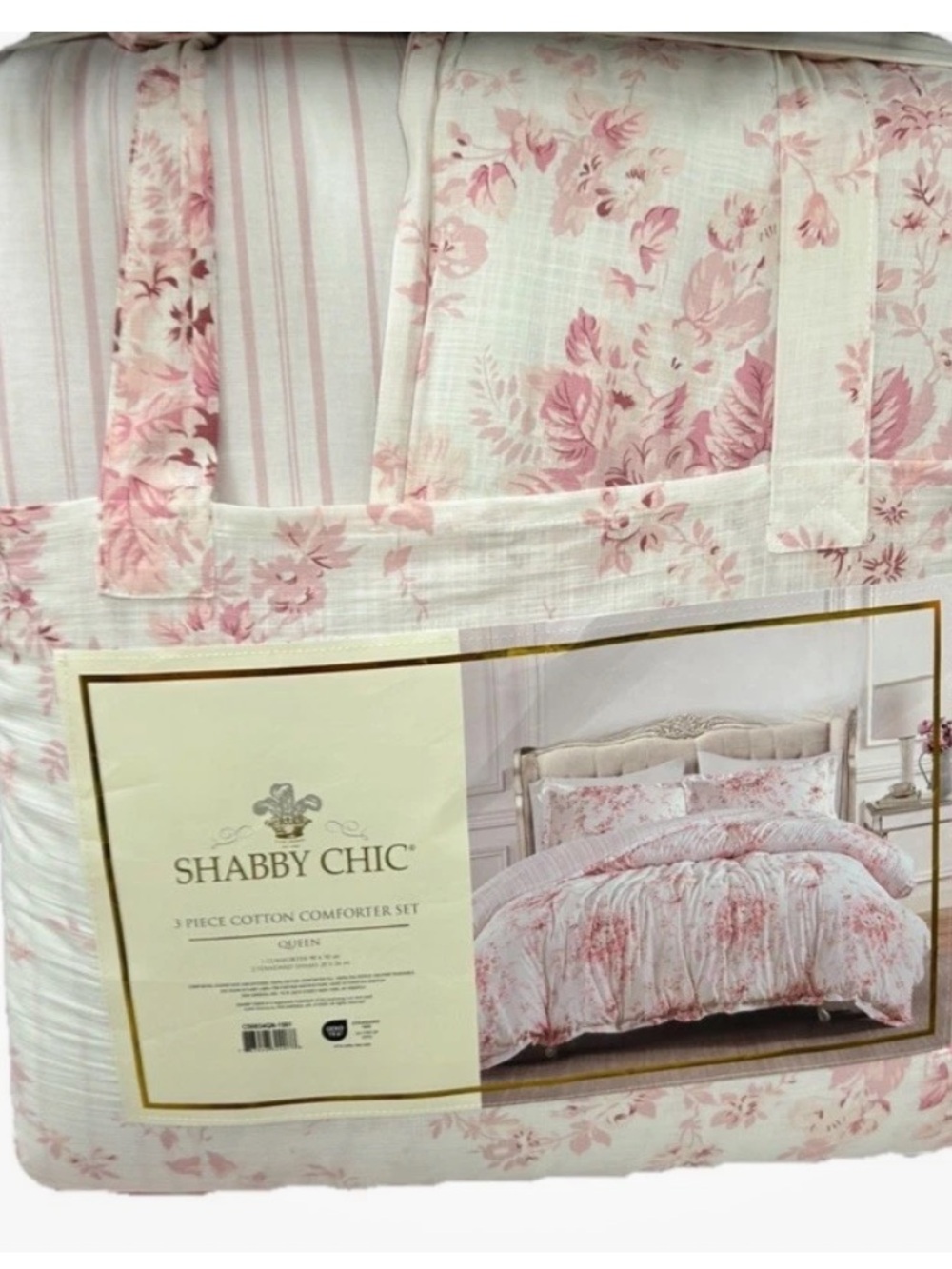 Shabby Chic Pink and White Floral Cotton Queen Comforter Set 90”x90”